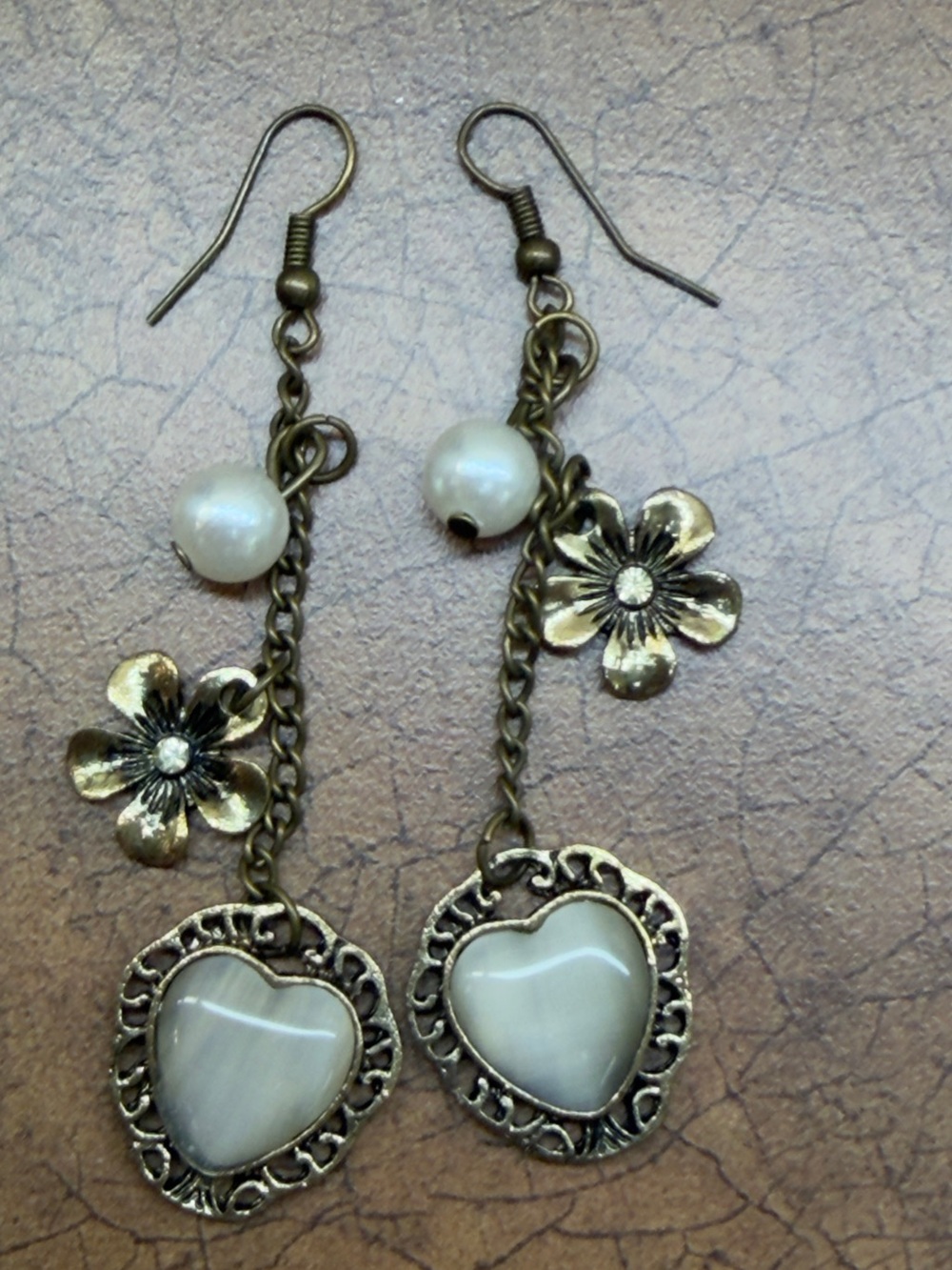 Vintage-Inspired Gold Flower & White Heart Drop Earrings